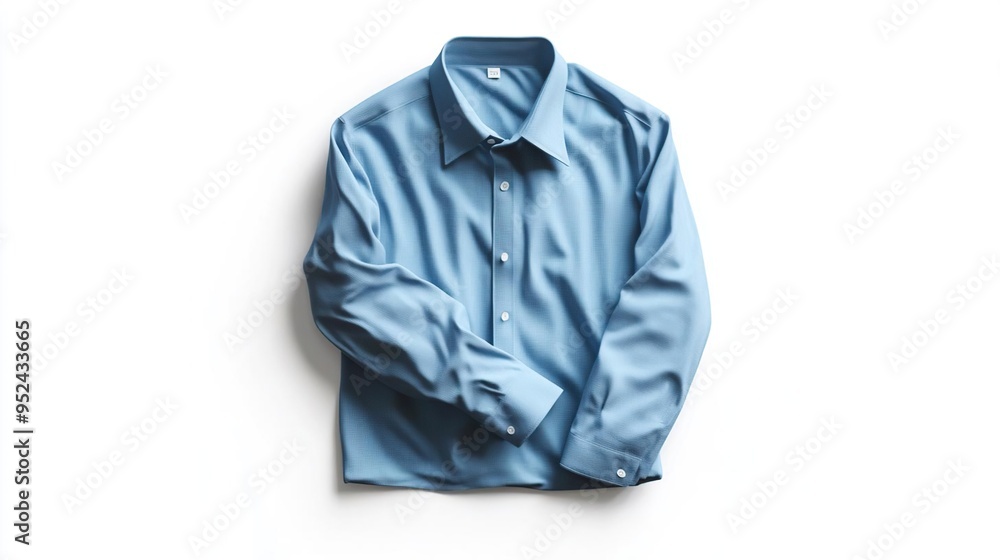A neatly folded light blue shirt displayed on a white background. A neatly folded light blue shirt displayed on a white background.
