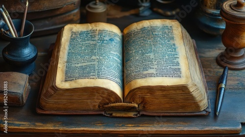 ancient leatherbound bible open to genesis weathered pages with illuminated text soft natural light antique wooden table quill pen and inkwell nearby creating a timeless scholarly atmosphere