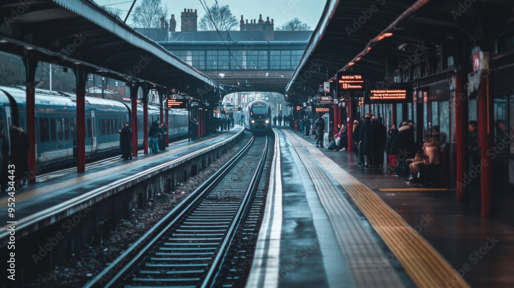Naklejka premium A railway platform with tracks visible in the background, with passengers waiting and a train in the distance, capturing the hustle and bustle of a busy station
