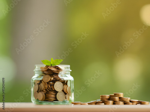 The  glass jar filled with coins and a young plant growing out of the top, symbolizing financial growth or investment. The jar is placed on a wooden surface with some scattered coins around it. The ba photo