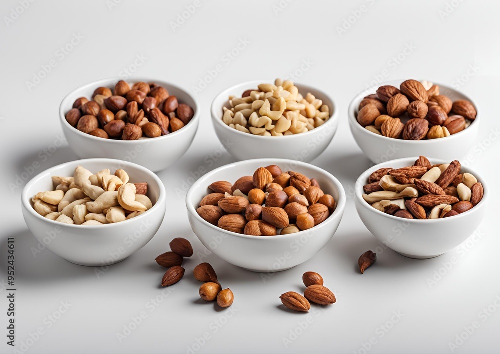 Set of bowls with various nuts isolated on white light background