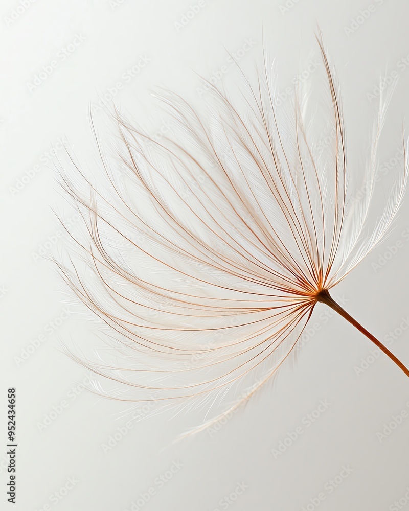 Fototapeta premium Close-up of a dandelion seed head with delicate white filaments against a white background.