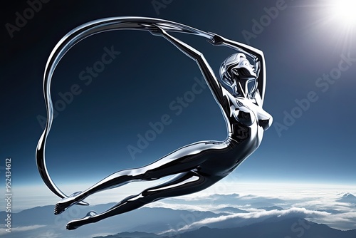 Futuristic Chrome Figure Arching Over the Void with Flowing Silver Metallic Design