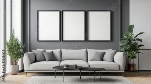 Minimalist Living Room with Grey Sofa and Black Frames photo