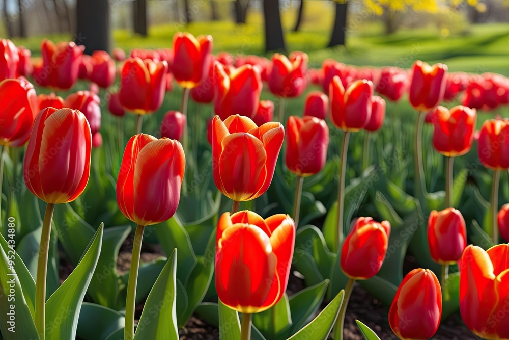 Stunning Red Tulips Blooming Under Spring Sunlight in Nature Stunning Red Tulips Blooming Under Spring Sunlight in Nature