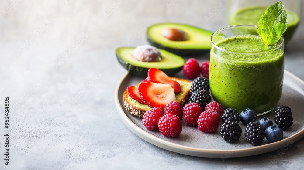 Fresh and healthy breakfast featuring avocado toast, berries, and a green smoothie, ideal for a vibrant morning meal Fresh and healthy breakfast featuring avocado toast, berries, and a green smoothie, ideal for a vibrant morning meal