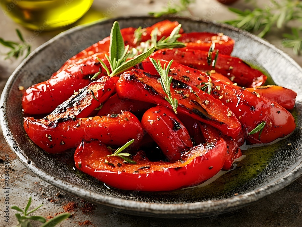 Mouthwatering Roasted Red Peppers Drizzled with Olive Oil in Rustic Italian Countryside Setting Mouthwatering Roasted Red Peppers Drizzled with Olive Oil in Rustic Italian Countryside Setting