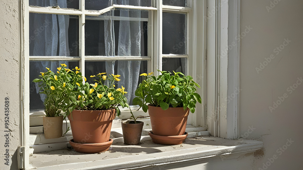 A pair of potted plants rest atop a windowsill beside a blinded window yellow flower and room landscape, A pair of potted plants rest atop a windowsill beside a blinded window yellow flower and room landscape,