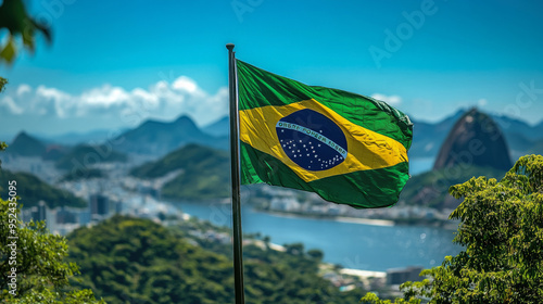 Brazilian flag with Rio de Janeiro in the background, Brazil Independence Day, country symbol, landscape, freedom, patriotism, South America, nature, city, blue, green, yellow