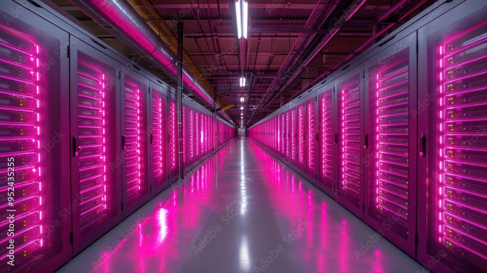 Fototapeta premium A long hallway lined with server racks, illuminating the space in pink.