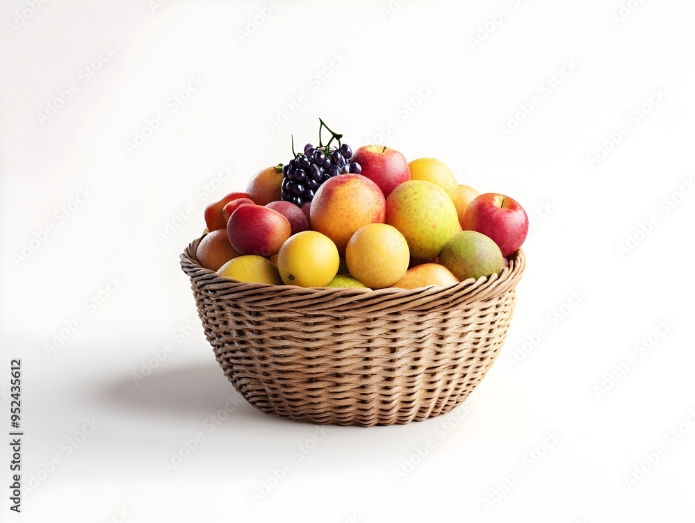 Vibrant Fruit Basket A Handcrafted Woven Display on a Minimalist White Background Vibrant Fruit Basket A Handcrafted Woven Display on a Minimalist White Background