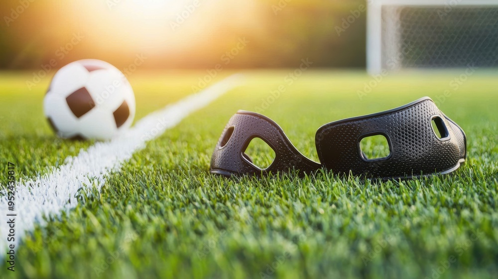 Naklejka premium Soccer shin guards lying on the field line, with the ball nearby, grass textures visible.