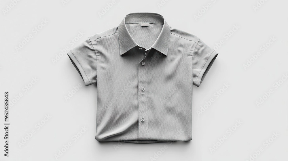 A neatly folded gray short-sleeve shirt on a plain background, suitable for casual wear. A neatly folded gray short-sleeve shirt on a plain background, suitable for casual wear.