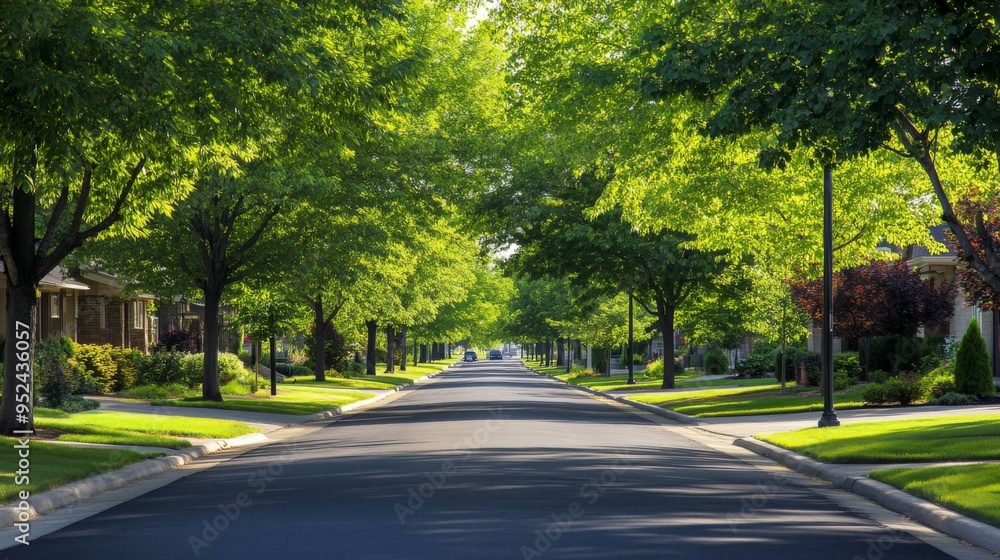 A serene tree-lined avenue with well-maintained sidewalks and vibrant green foliage, showcasing a peaceful and beautiful street scene A serene tree-lined avenue with well-maintained sidewalks and vibrant green foliage, showcasing a peaceful and beautiful street scene