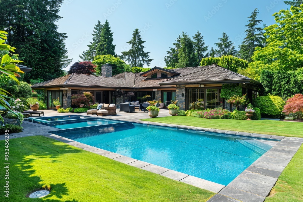 Sunny Backyard with Pool and Patio in Ranch-Style Home, Washington State Suburban Setting Sunny Backyard with Pool and Patio in Ranch-Style Home, Washington State Suburban Setting