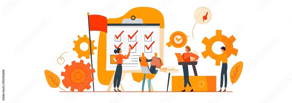 of People Collaborating to Set and Achieve Goals with Symbols of Progress of People Collaborating to Set and Achieve Goals with Symbols of Progress