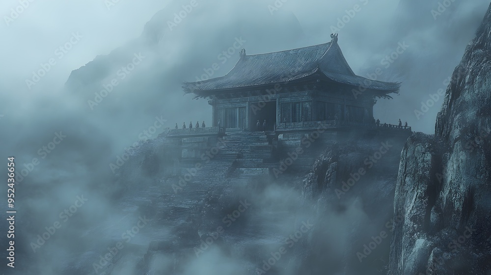 Mystical ancient mountain temple surrounded by fog with monks practicing martial arts Weathered textures and foggy ambiance detailed 3D architecture Mystical ancient mountain temple surrounded by fog with monks practicing martial arts Weathered textures and foggy ambiance detailed 3D architecture