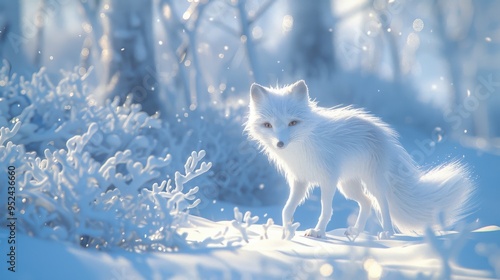 A white Arctic fox stands in a snowy, ethereal winter landscape, surrounded by frost-covered trees and soft, glowing light.