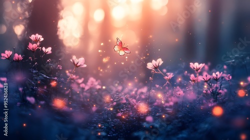 Dreamlike enchanted forest soft-focus glowing flowers ethereal creatures mystical