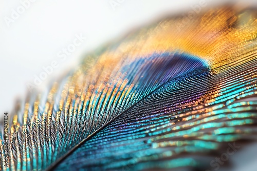 Close-up of a colorful peacock feather with iridescent hues. photo