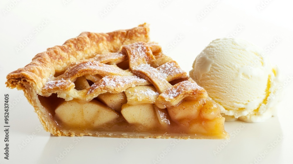 A slice of classic American apple pie with a flaky crust, topped with a scoop of vanilla ice cream, set against a clean white surface for a delightful presentation. A slice of classic American apple pie with a flaky crust, topped with a scoop of vanilla ice cream, set against a clean white surface for a delightful presentation.
