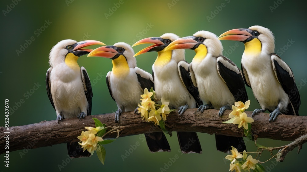 Fototapeta premium A family of Southern White-crowned Hornbills perched on a tree branch, their harmonious arrangement reflecting their strong social bonds.