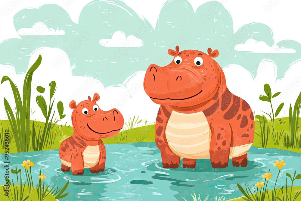 Cute cartoon hippopotamus and calf characters river animals, cartoon vector illustration for children Cute cartoon hippopotamus and calf characters river animals, cartoon vector illustration for children