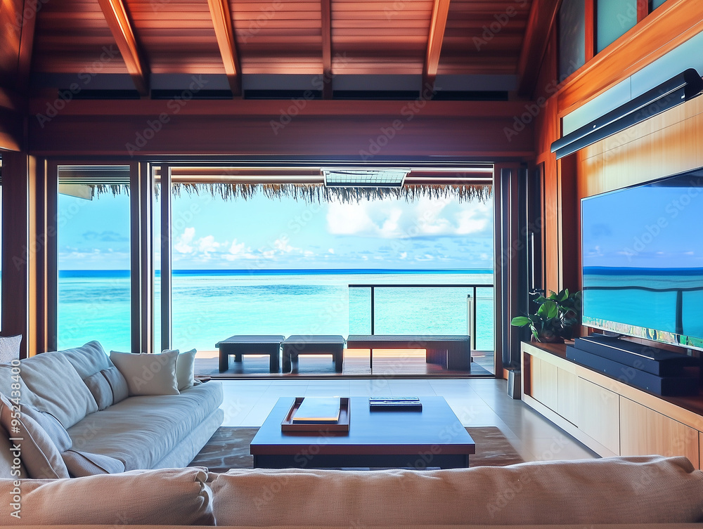 Fototapeta premium Luxury polynesian style living room. Emerald color ocean view outside the window. Spacious cozy sofa.