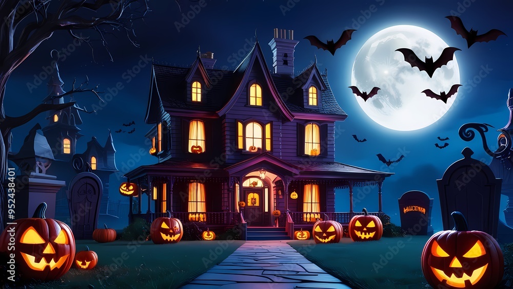 Spooky Halloween night scene with a full moon a haunted mansion and bats Spooky Halloween night scene with a full moon a haunted mansion and bats