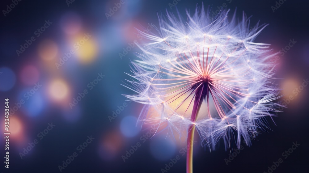 A high-resolution image of a dandelion seed, its intricate details rendered with exceptional sharpness, against a backdrop of soft, blended blue and purple hues