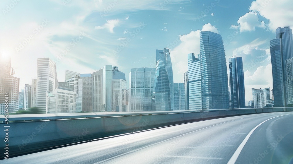 Modern cityscape with skyscrapers under a bright blue sky and fluffy clouds, highway in the foreground Modern cityscape with skyscrapers under a bright blue sky and fluffy clouds, highway in the foreground