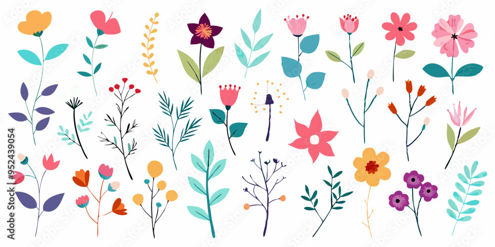 Fototapeta premium Trendy floral branch and minimalist flowers for logo or decorations on white background