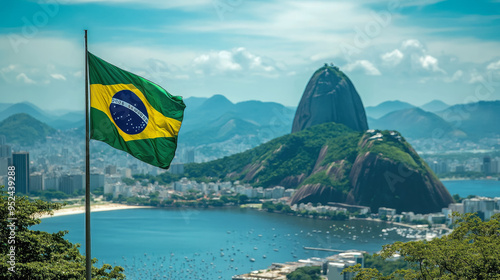 Brazilian flag with Rio de Janeiro in the background, Brazil Independence Day, country symbol, landscape, freedom, patriotism, South America, nature, city, blue, green, yellow