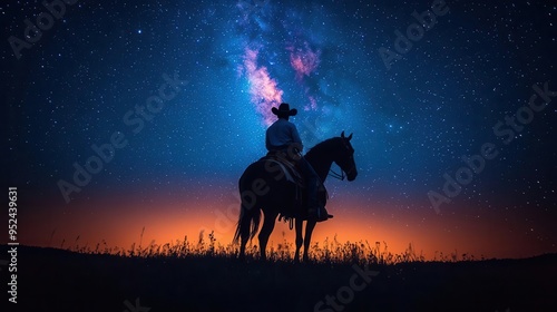 atmospheric western scene silhouette of a lone cowboy on horseback set against a vast starry night sky captures the romance and solitude of the old west