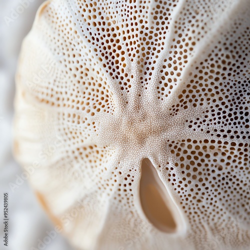 Close-up of a delicate, white sea urchin shell with intricate patterns. photo