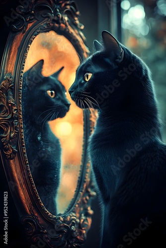 A Feline Mystic Transfixed on Its Distorted Otherworldly Reflection in a Mirror Cinematic Digital Art