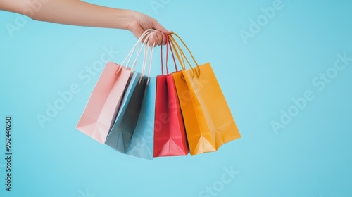 hand holding shopping bags coming out from the right edge on a light blue background in the right corner of the frame studio light studio photo