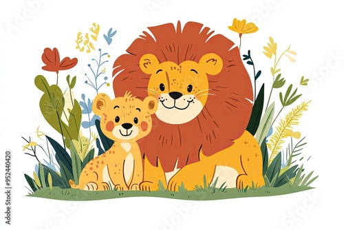 Cute cartoon lion and cub characters jungle animals, cartoon vector illustration for children photo