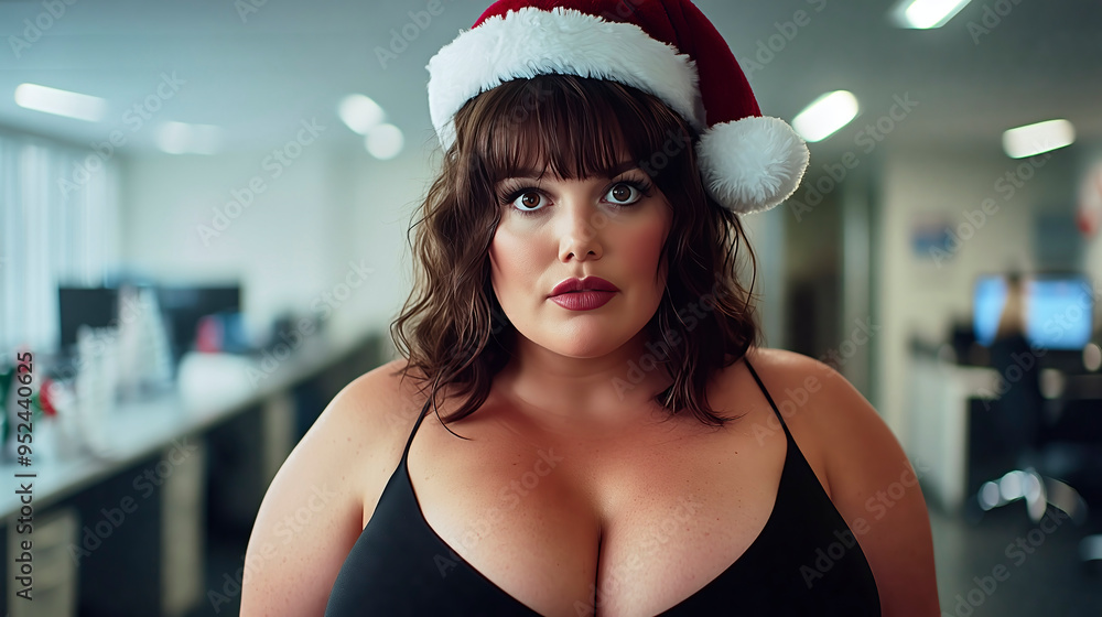 Fototapeta premium Plus size woman wearing a santa hat at the office during holiday season