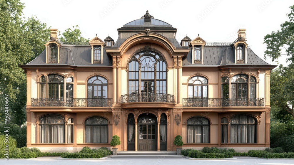 Fototapeta premium Elegant mansion with ornate architecture and large windows surrounded by greenery.