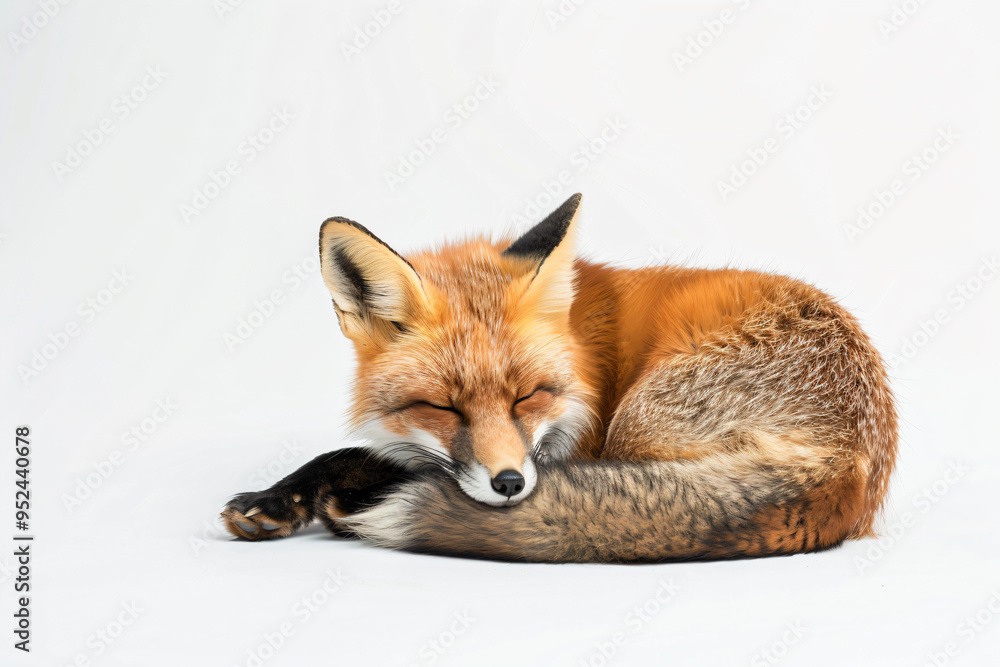Fototapeta premium a fox curled up sleeping on a white surface