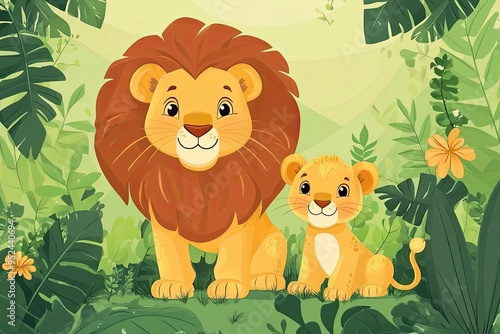 Cute cartoon lion and cub characters jungle animals, cartoon vector illustration for children