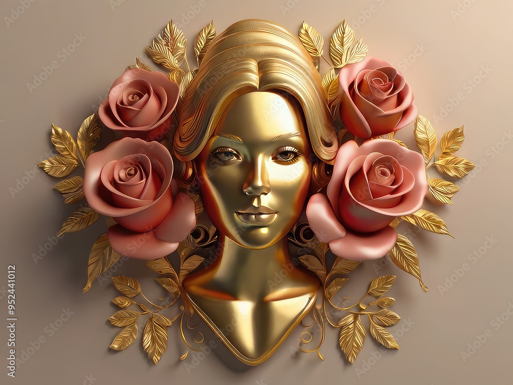 3d Illustration for wall,golden buddha statue,golden buddha face with background,portrait of a woman with a bouquet of roses,golden ornament on a wall 3d Illustration for wall,golden buddha statue,golden buddha face with background,portrait of a woman with a bouquet of roses,golden ornament on a wall