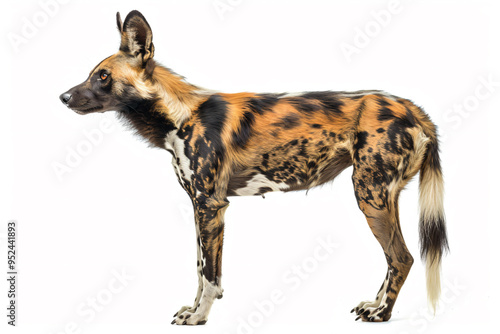 a wild dog standing on a white surface