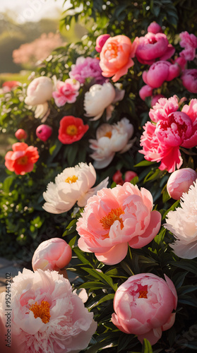 A breathtaking, cinematic photograph of a lush peonies garden