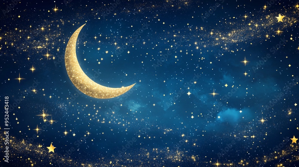 A shimmering crescent moon adorned in gold over a starry night sky. A shimmering crescent moon adorned in gold over a starry night sky.