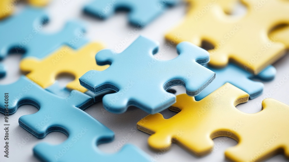 Fototapeta premium Close-up of blue and yellow puzzle pieces on a white background.