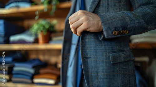 A man in a blue jacket is standing in front of a shelf of clothes