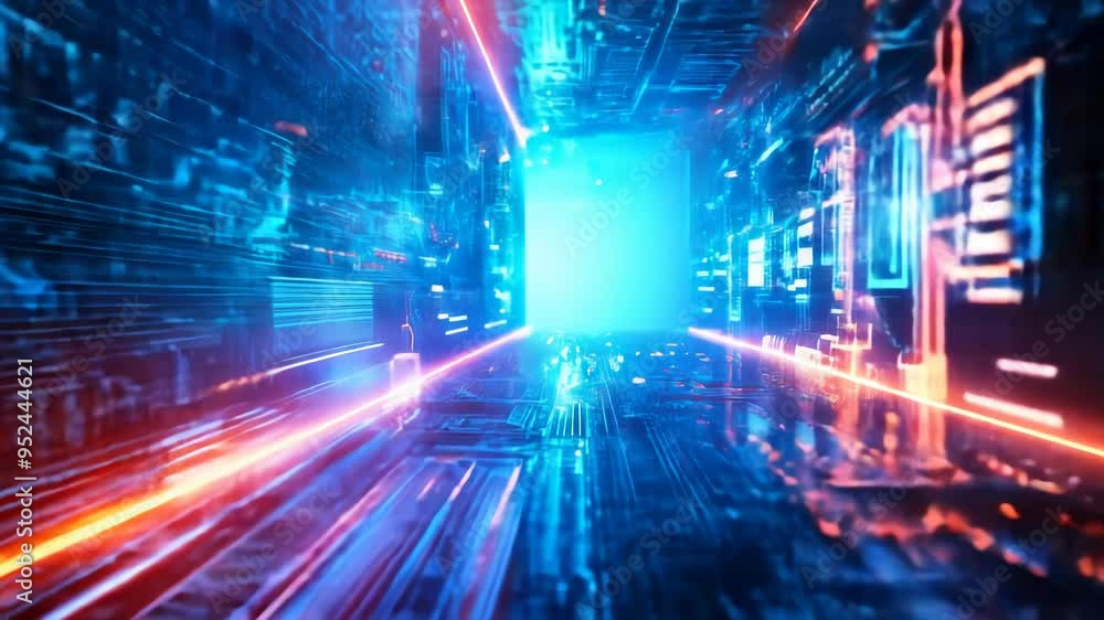 Immersive Futuristic Digital Circuit Board Tunnel with Neon Lights, High-Tech Components, Advanced Virtual Reality Technology Background Immersive Futuristic Digital Circuit Board Tunnel with Neon Lights, High-Tech Components, Advanced Virtual Reality Technology Background