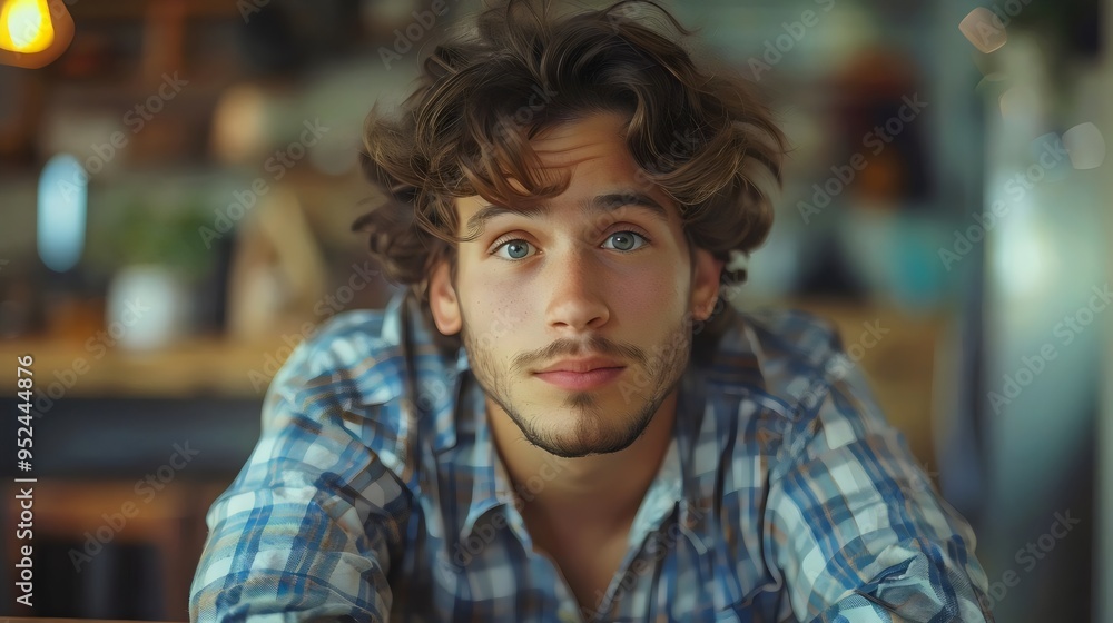 A man with a beard and blue plaid shirt is smiling A man with a beard and blue plaid shirt is smiling
